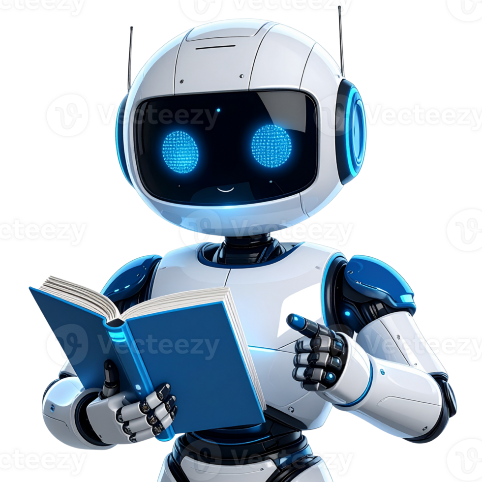 Cute AI robot engrossed in reading a book, symbolizing the future of education, smart learning, and the pursuit of knowledge through artificial intelligence png