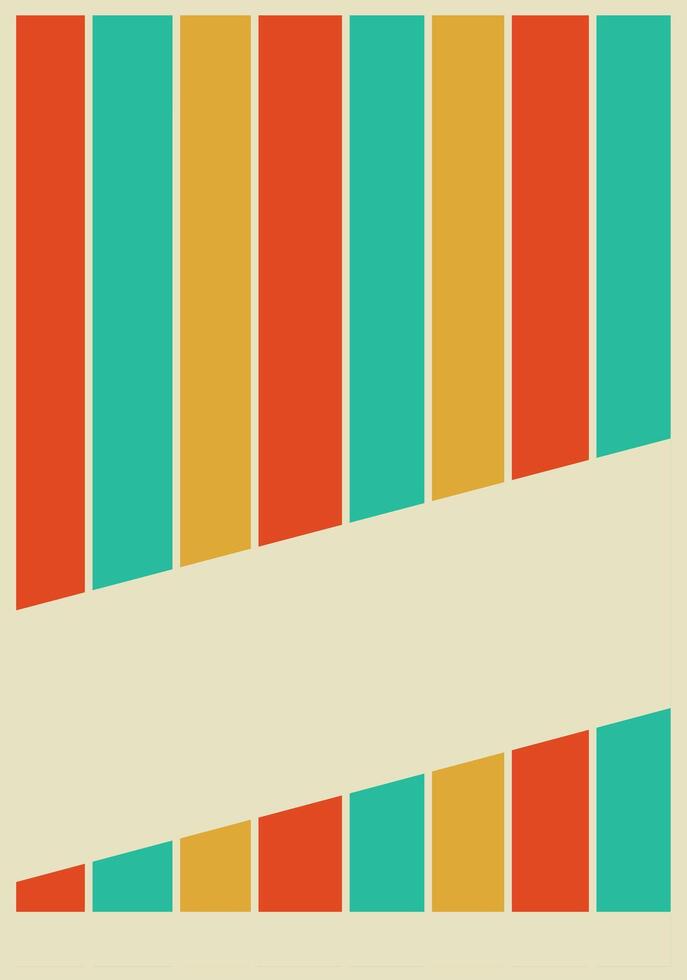 Abstract geometric artwork with bold vertical stripes in teal, orange, and yellow, paired with angled rectangles creating a dynamic, retro inspired composition. vector