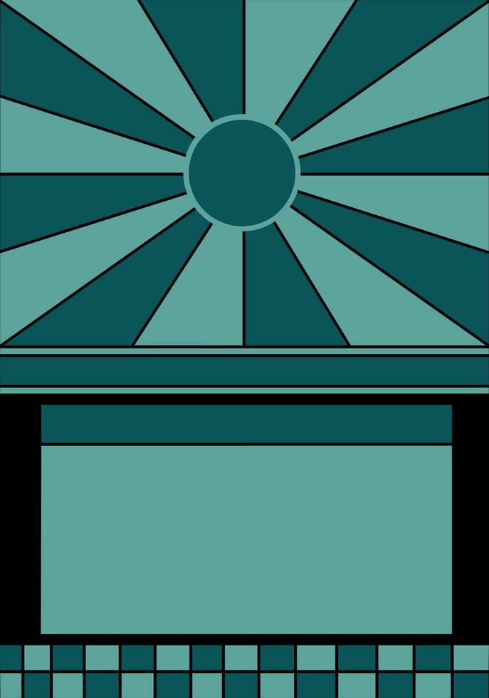 Abstract geometric background in teal and black featuring a central sunburst with circular core, rectangular frame space below, and tiled pattern at the bottom for a retro look. vector