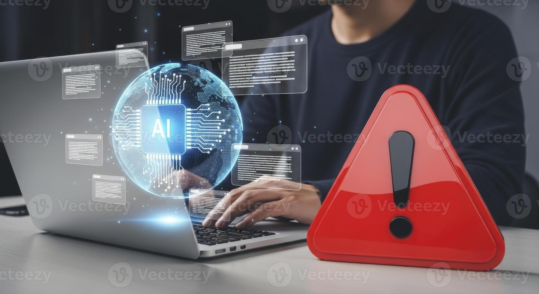 Dynamic AI interface on laptop screen with data windows and red warning sign signifies critical system alert or cybersecurity threat photo