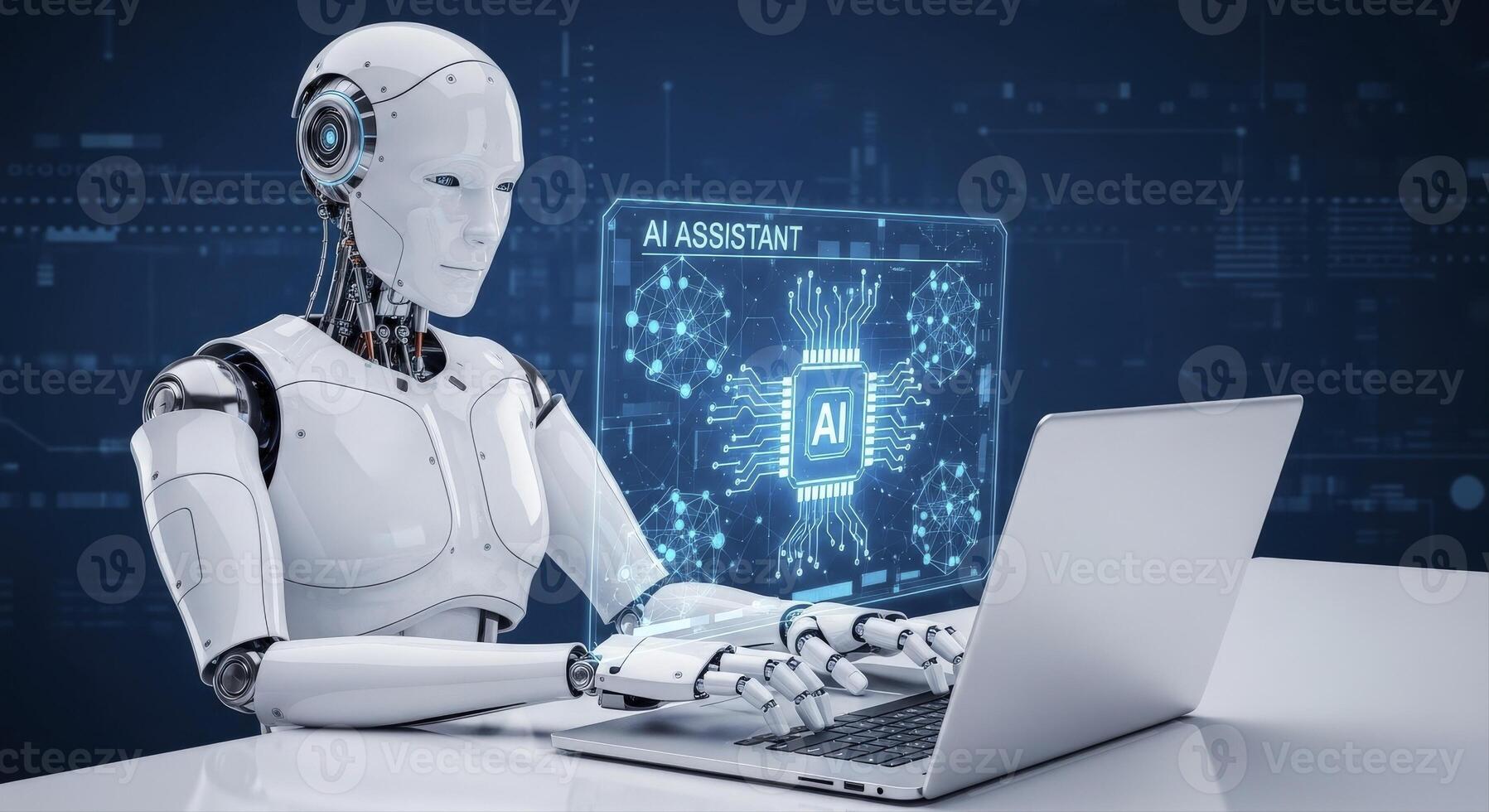 Futuristic AI robot assistant seamlessly integrates with modern technology, typing on a sleek laptop with a glowing digital interface displaying AI data streams, photo