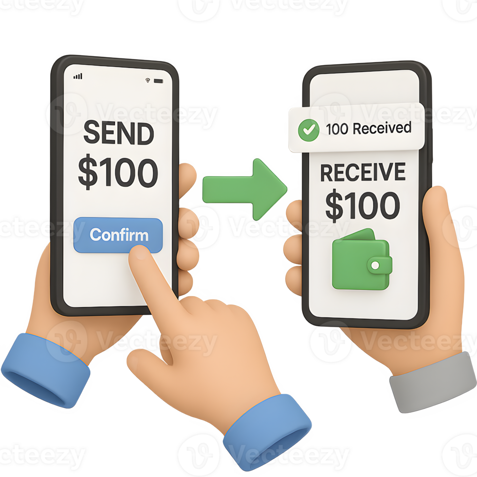 3D illustration of two smartphones showing money transfer between users with send and receive confirmation, representing fintech and e-wallet services. png