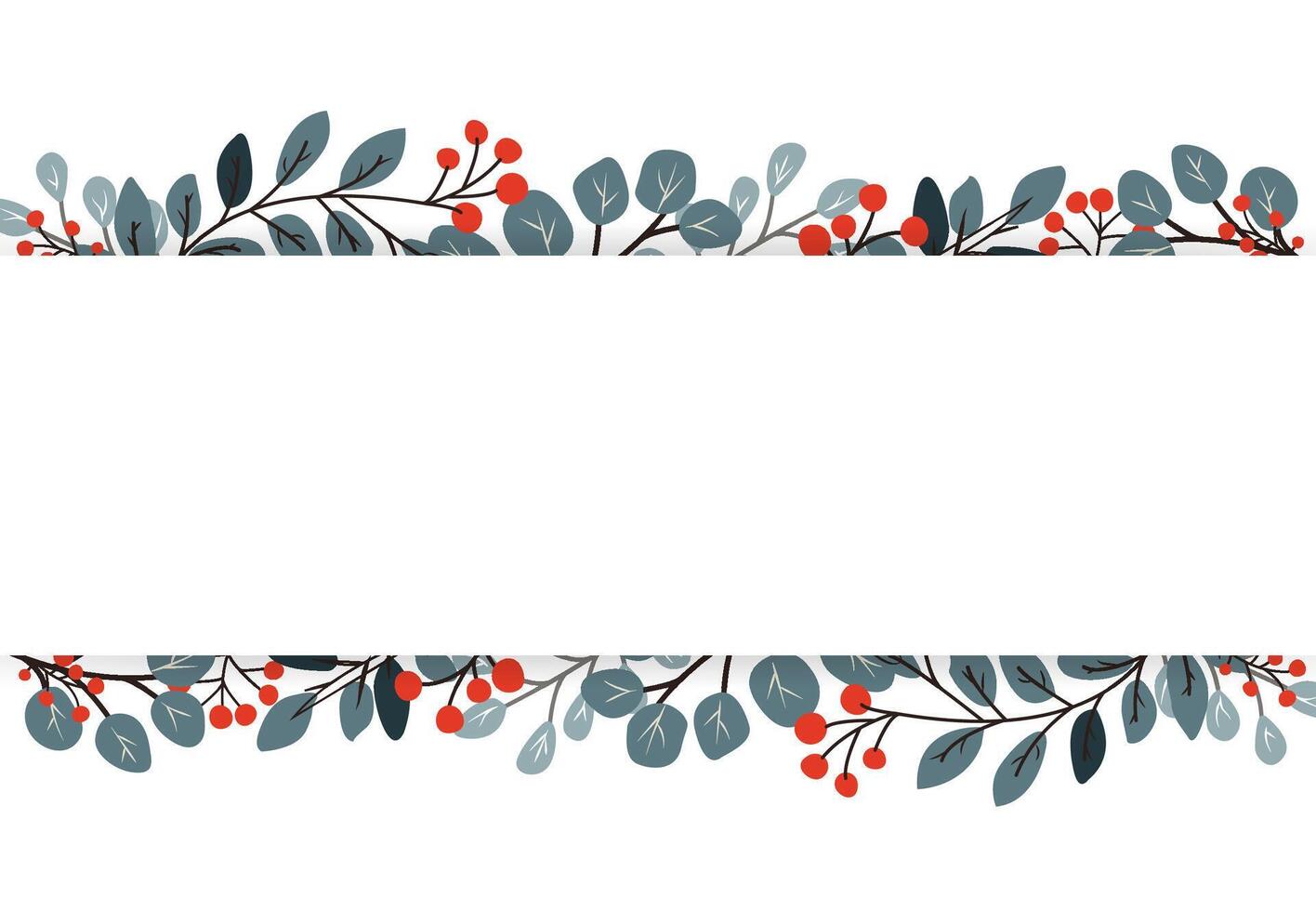 A white banner or background with empty space for text in a frame of winter branches and red berries. A horizontal banner for your advertising. A winter greeting card. vector
