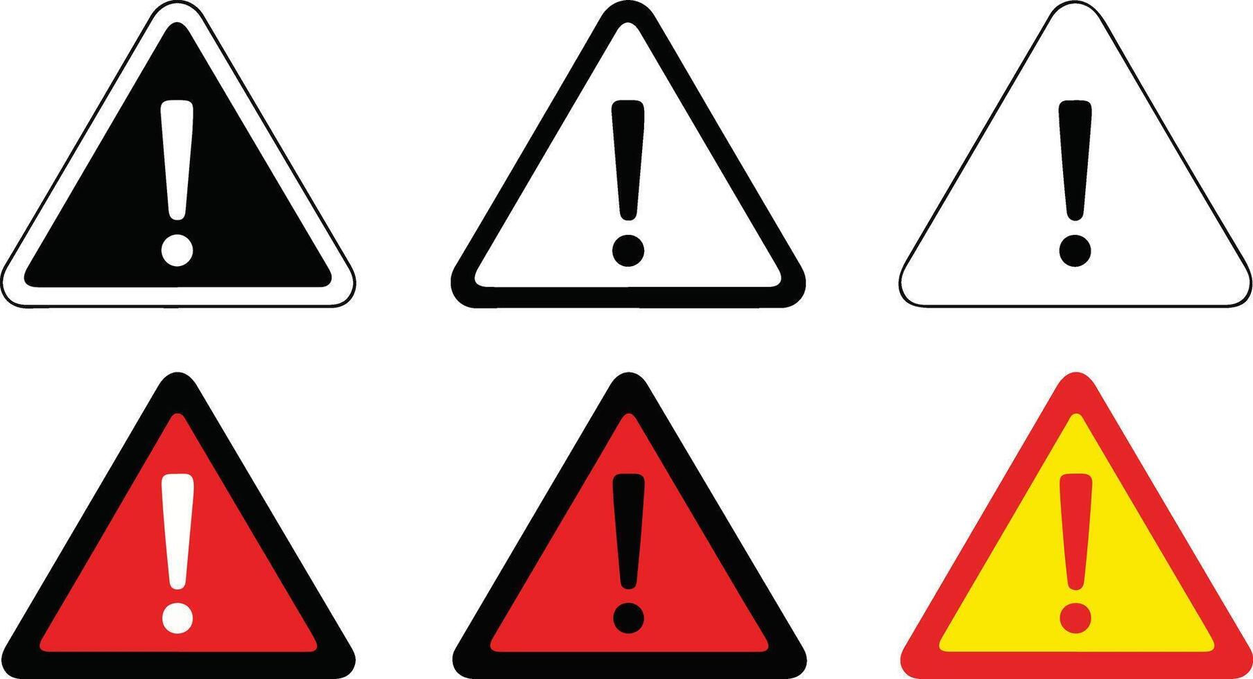 Set of six warning triangle signs with exclamation marks on white background symbol vector