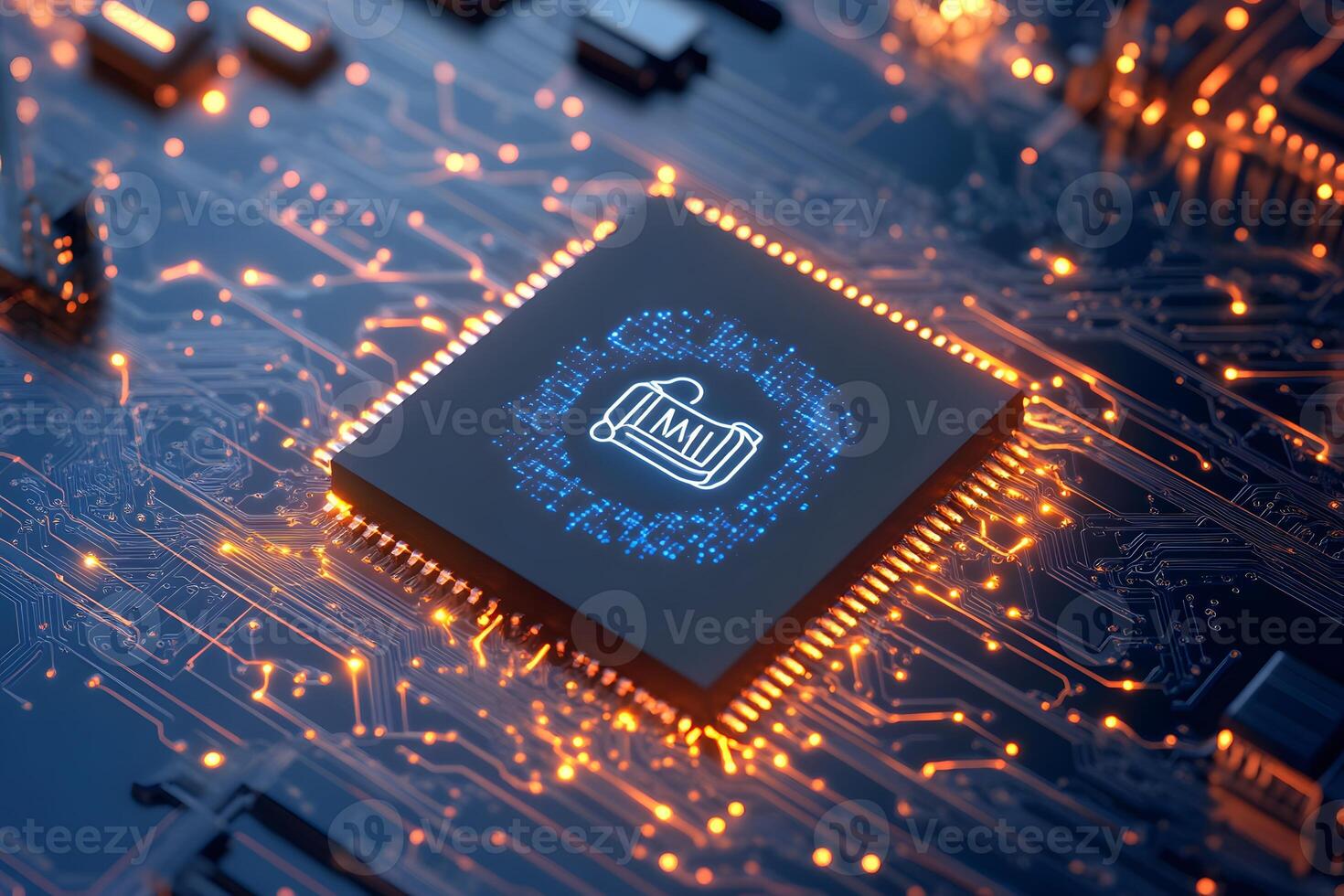 Data Storage Icon on Computer Microchip Circuit Board photo