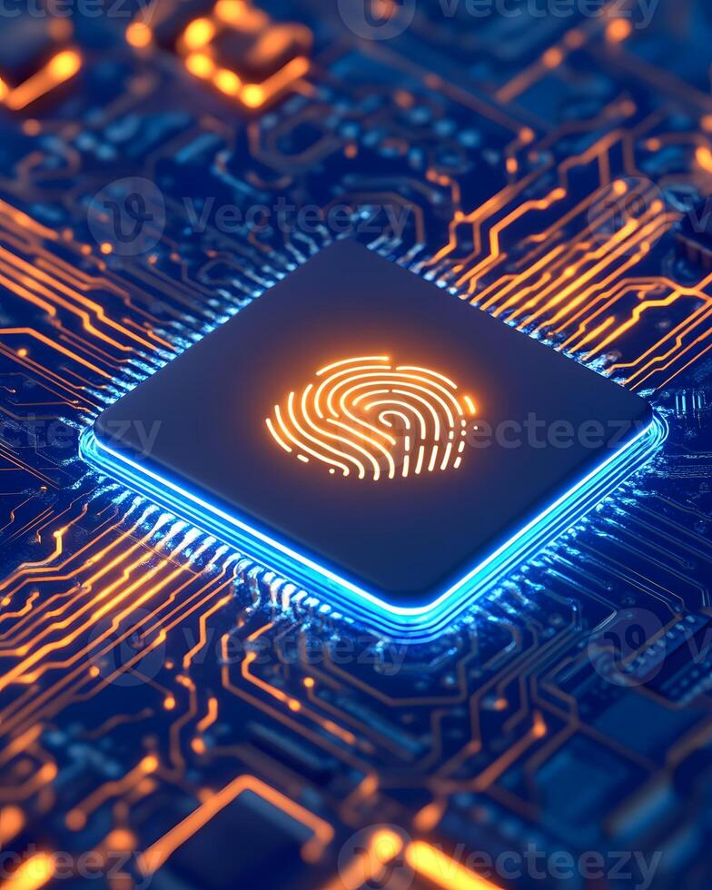 Fingerprint Icon on Computer Chip Circuit Board photo