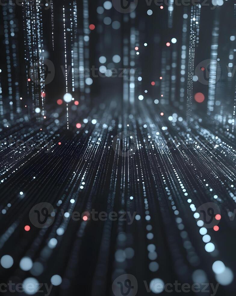 Dynamic Visual Representation of Data Flow with Bright Particles and Glowing Lines in Dark Atmosphere photo