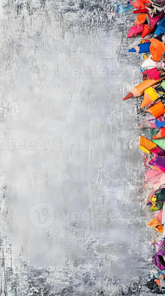 Grey Textured Background with Sharpened and Broken Colored Pencils photo