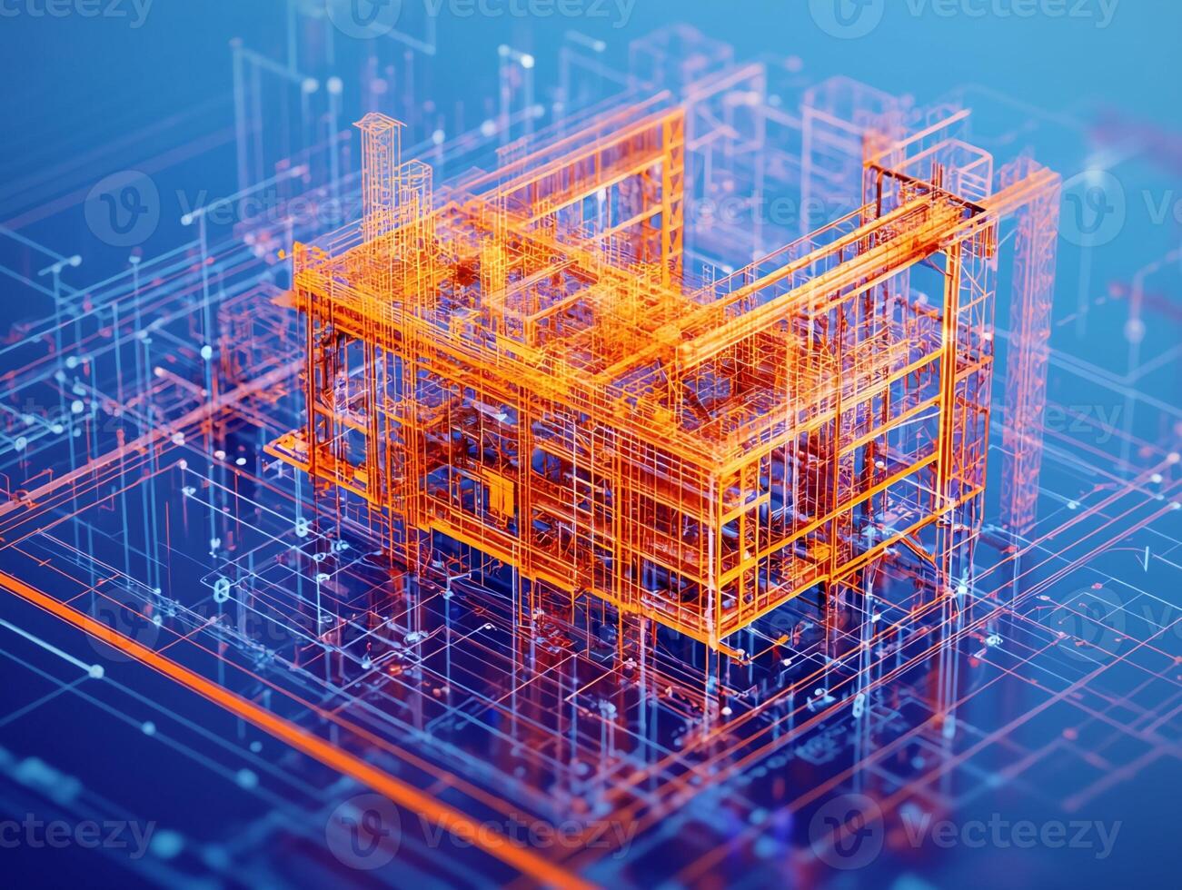 Digital 3D Wireframe Model of Building Structure and Network photo