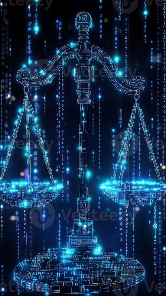Digital Scales of Justice with Binary Code Background photo