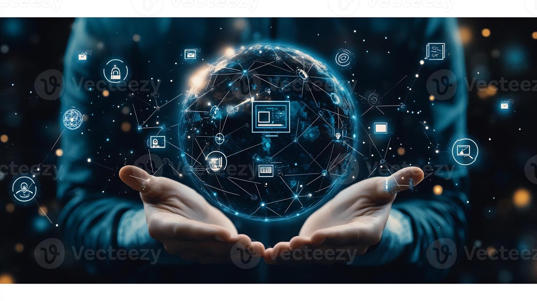 Digital Globe and Network Data Icons in Hands photo