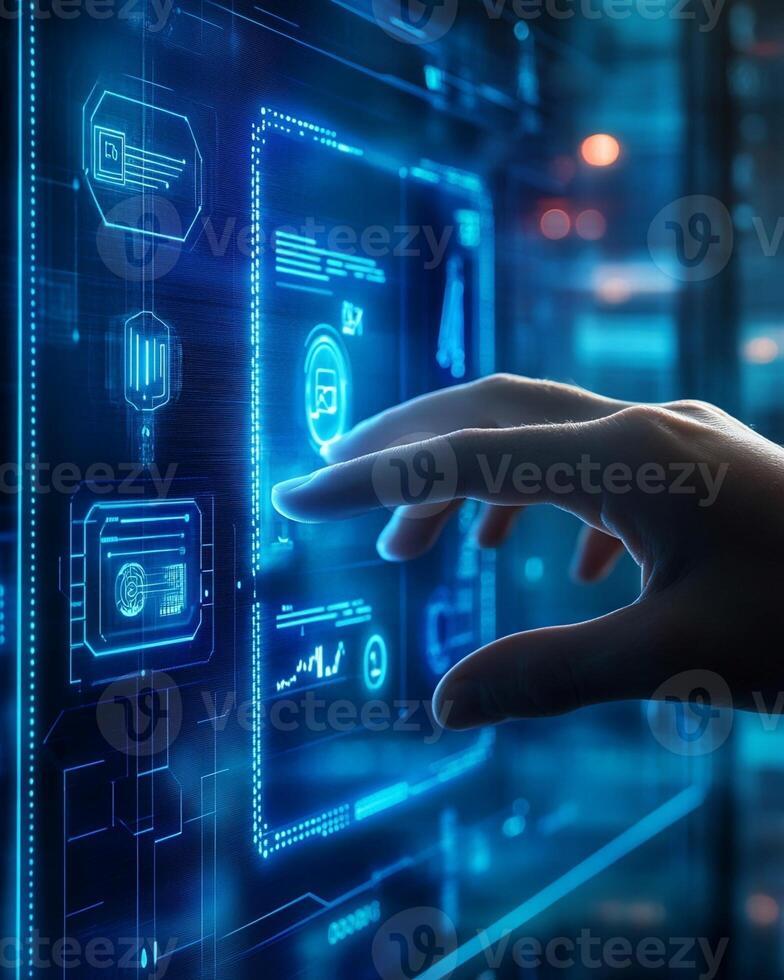 Hand Interacting with Futuristic Digital Interface Displaying Data and Icons photo