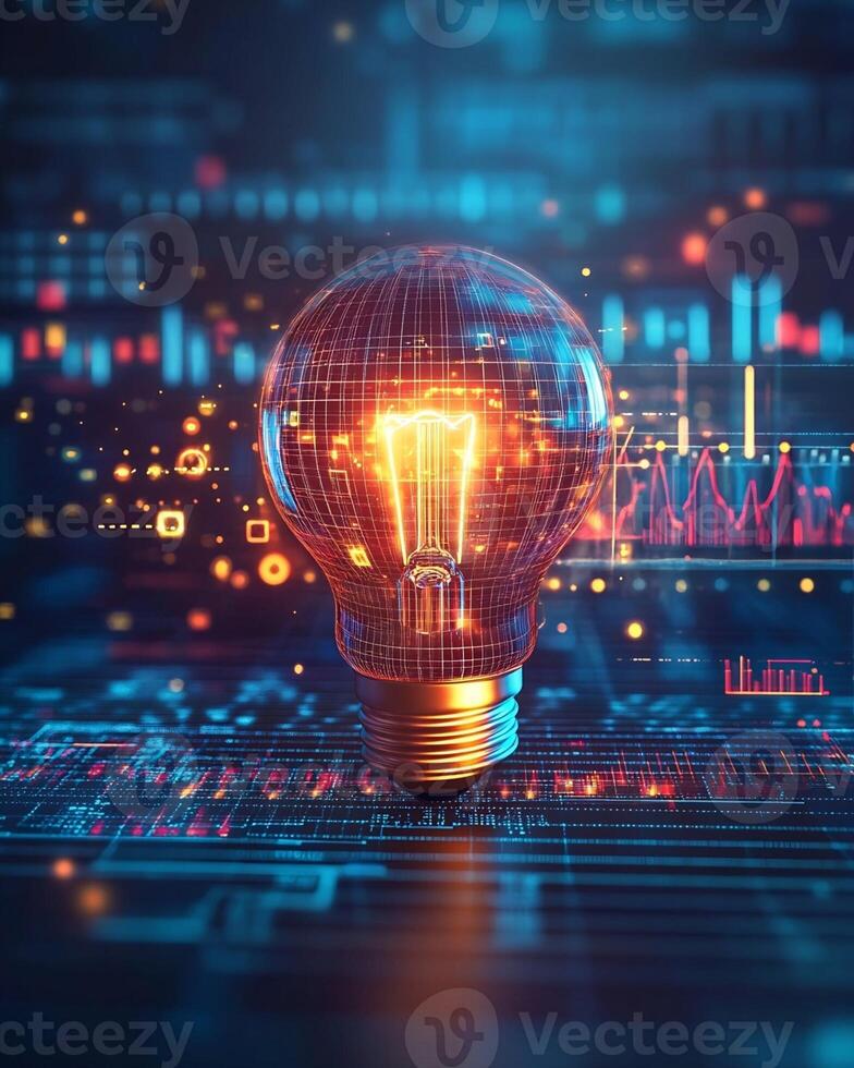 Illuminated Lightbulb on Digital Data Interface photo