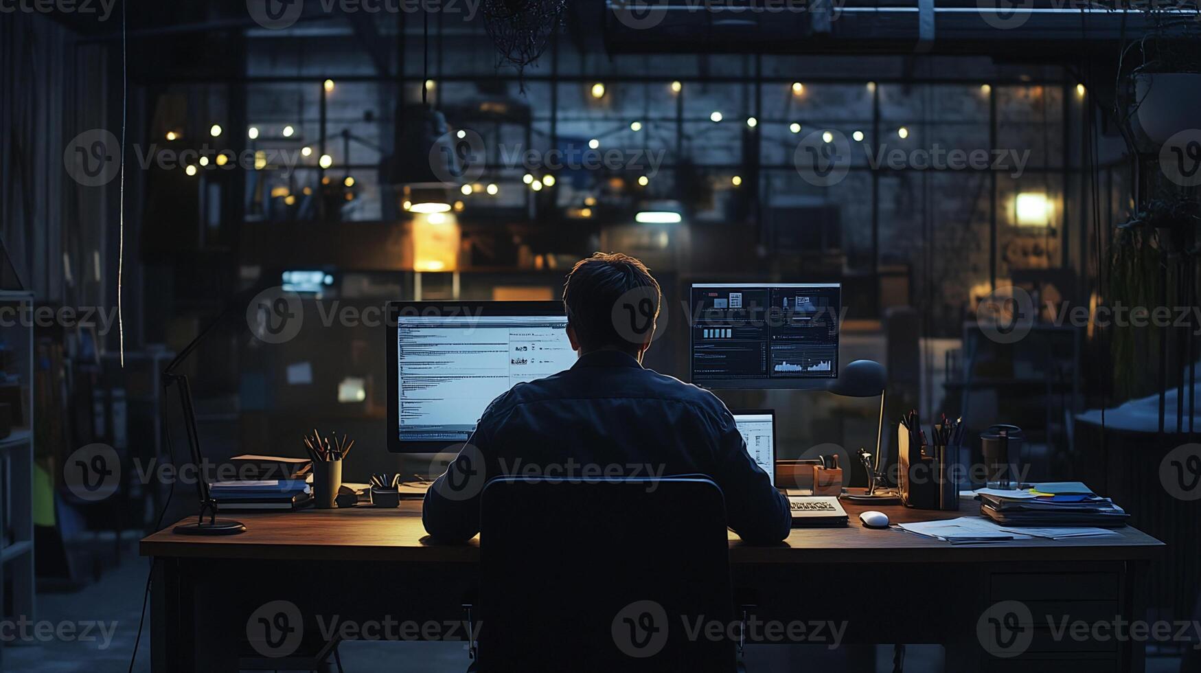 Person Working at Desk with Multiple Computer Screens in Dimly Lit Workspace photo