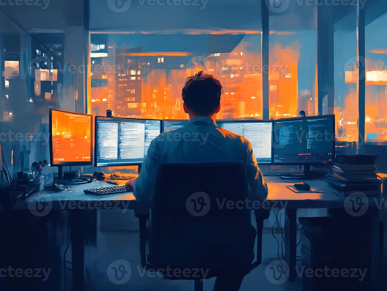 Programmer Working at Night with Triple Monitor Setup photo