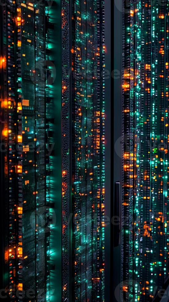 Server Rack Array with Illuminated Data Processing Indicators photo