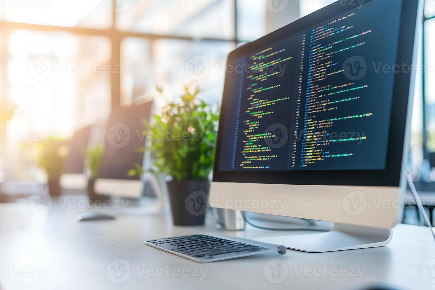 Computer Displaying Source Code with Keyboard and Plants photo