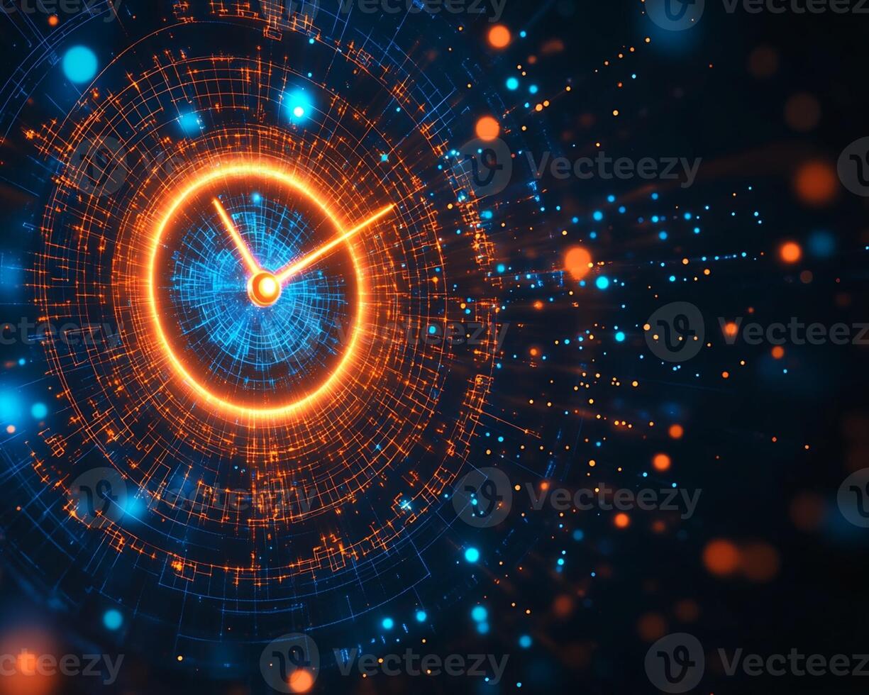 Digital Clock with Concentric Geometric Patterns and Luminous Particles photo