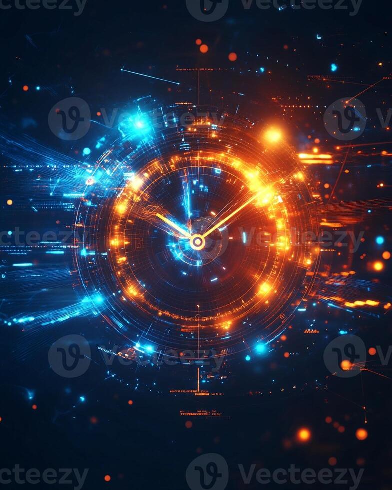 Digital Clock with Data Streams and Light Streaks photo