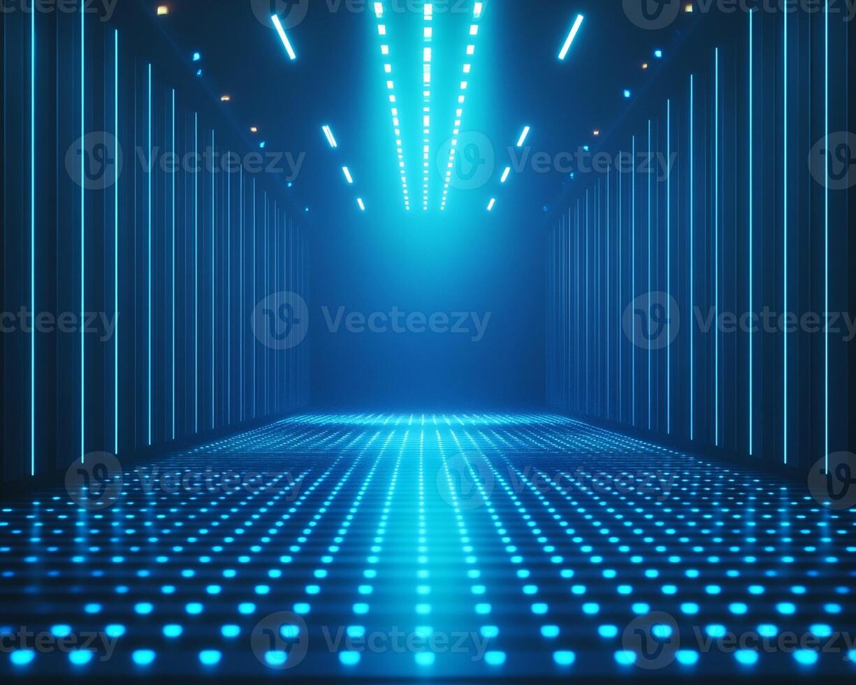 Digital Rendering of a Futuristic Corridor with Illuminated Floor and Neon Lights photo