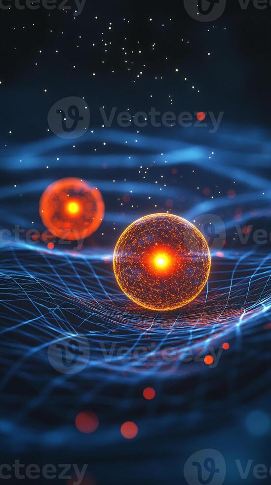 Digital Rendering of Two Glowing Spheres on a Gridded Surface photo