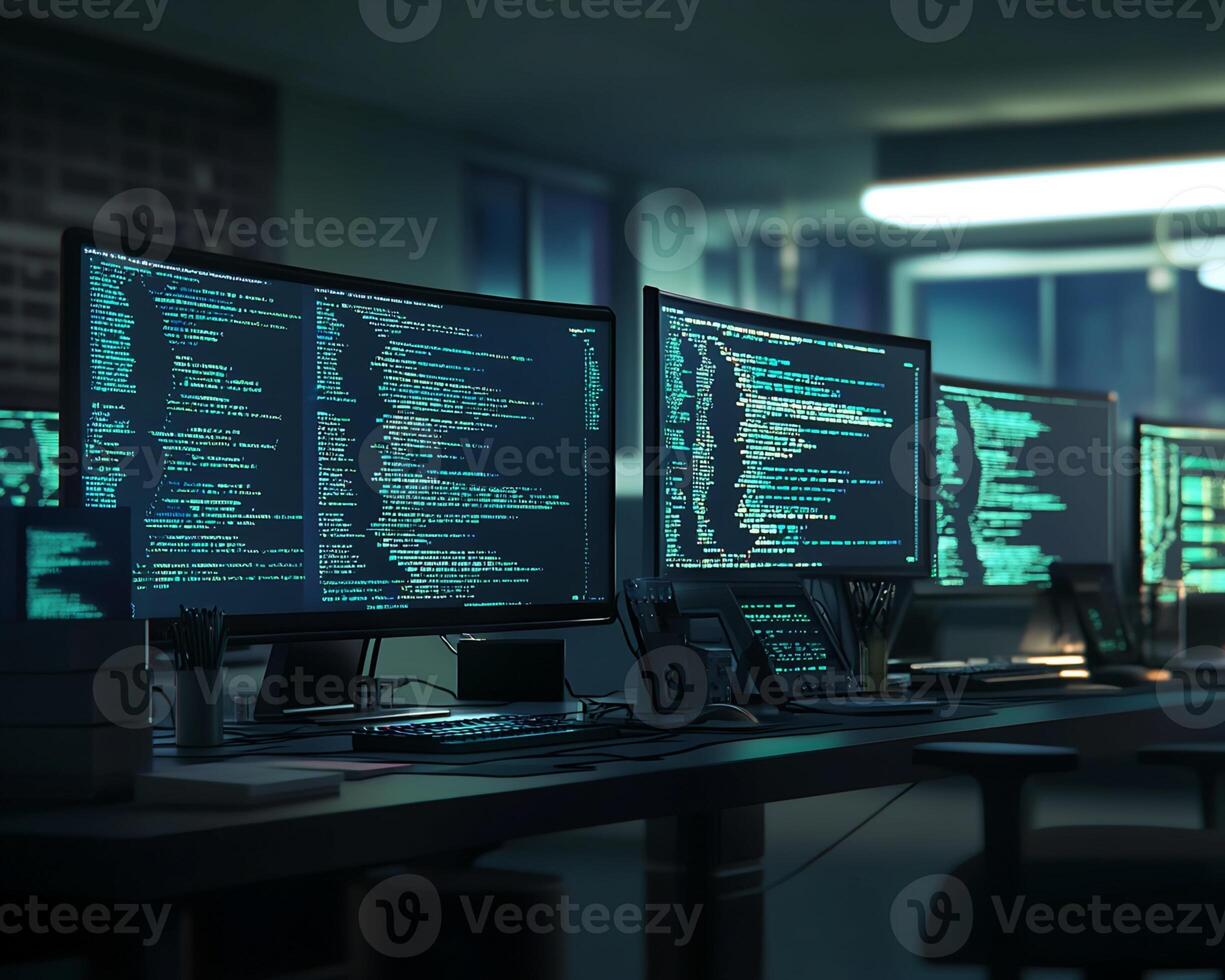 múltiple computadora monitores mostrando código en un oficina ajuste foto