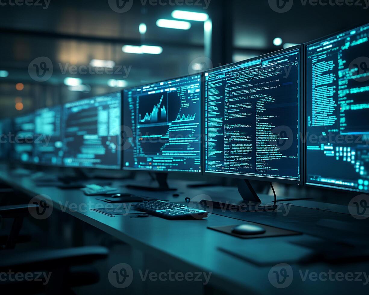Multiple Computer Monitors Displaying Code and Data Charts photo