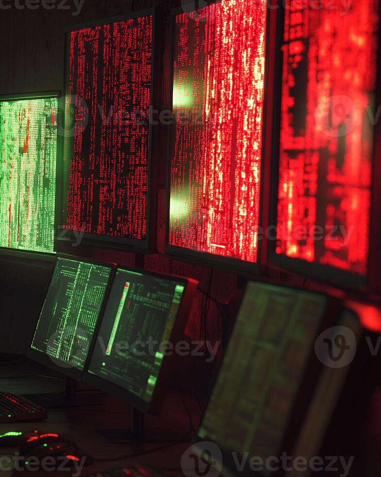 Multiple Computer Monitors Displaying Green and Red Code photo