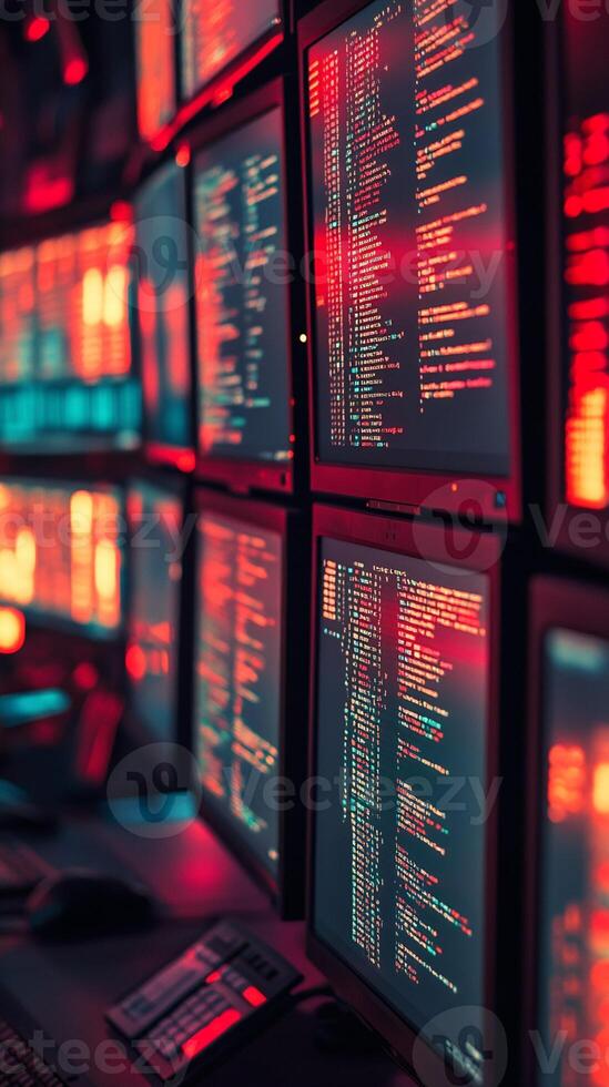 múltiple computadora monitores mostrando programa código foto
