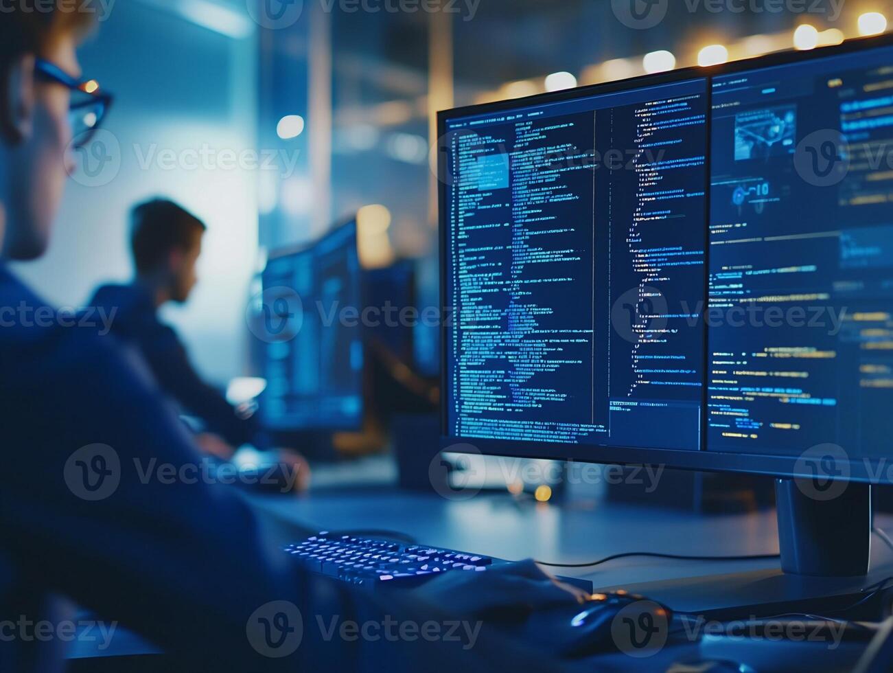 programador trabajando a computadora con código desplegado en monitor foto