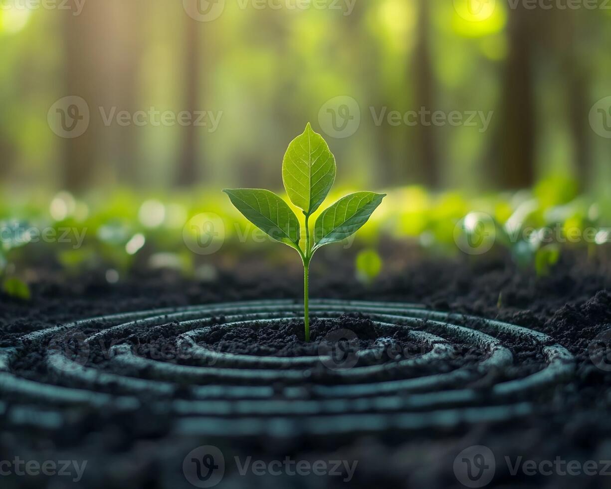 Seedling in Concentric Circular Soil Pattern photo