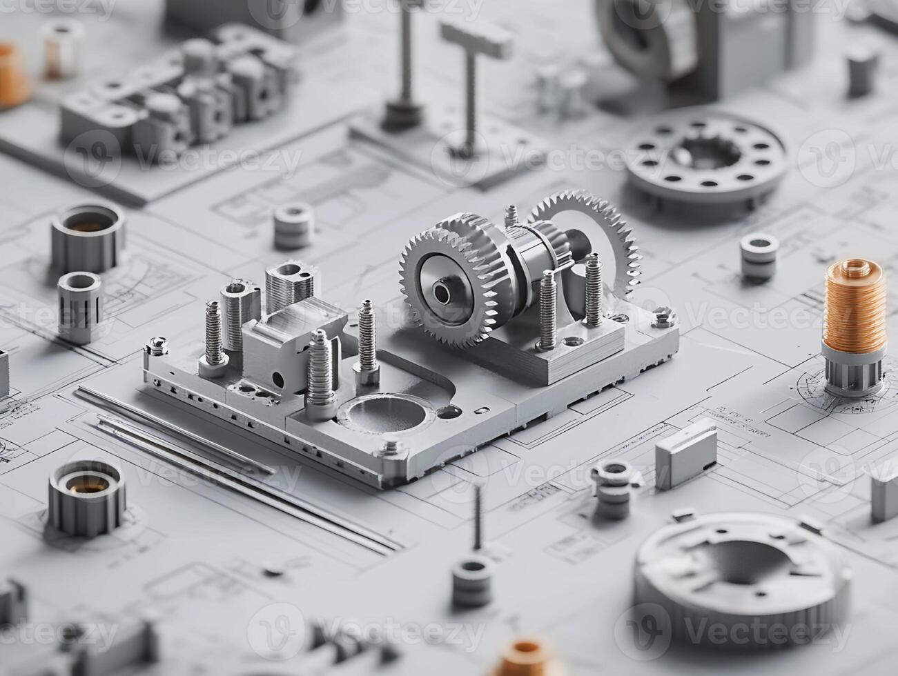 Three-Dimensional Rendering of Mechanical Components on Blueprint photo