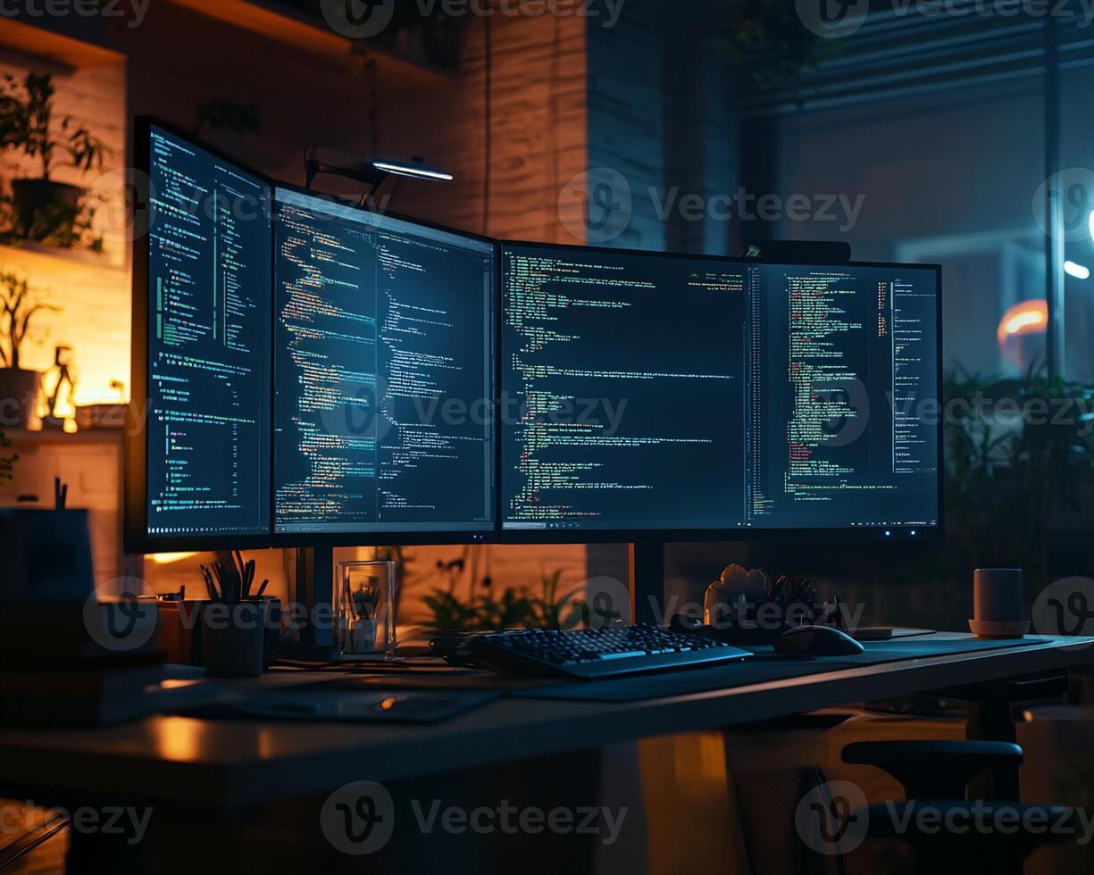 Triple Monitor Workstation with Computer Code Display photo