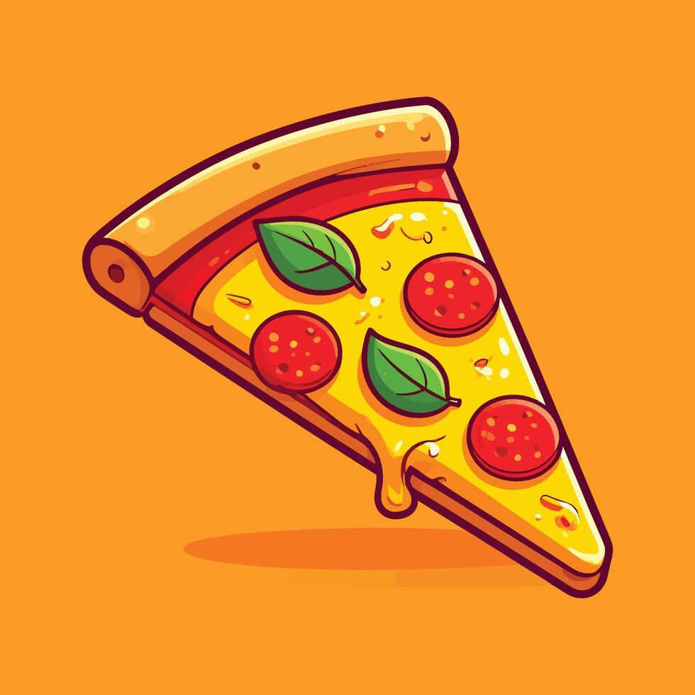 Flat cartoon pizza slice with melted cheese, floating icon design, isolated food object, simple bold modern illustration vector