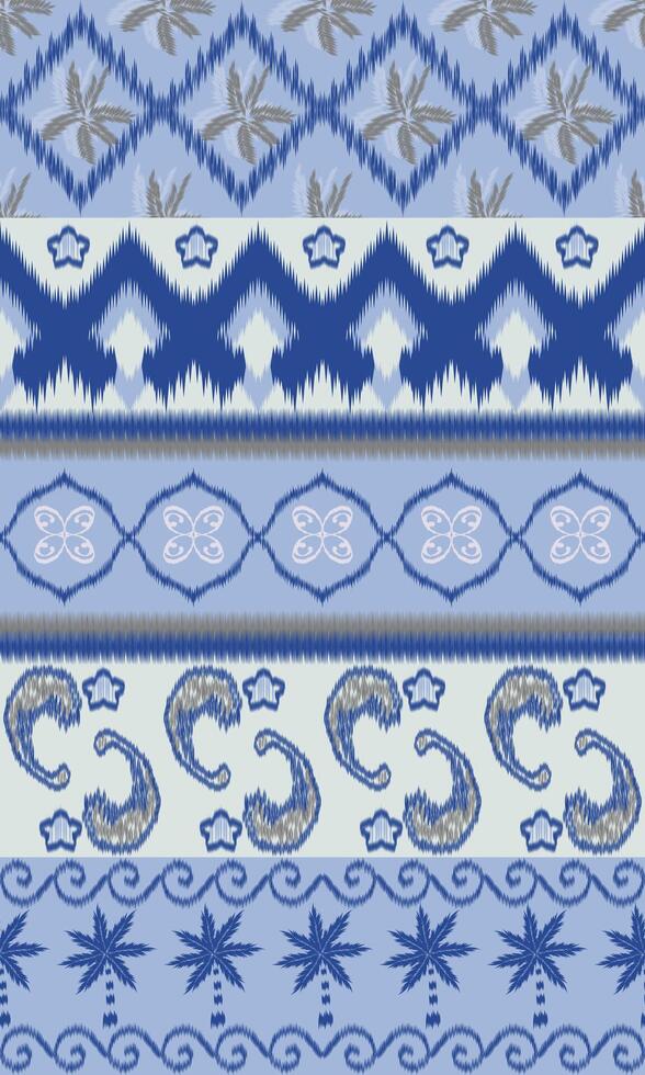 seamless pattern set featuring five unique Ikat-style horizontal stripes in calming. Different motifs inspired by nature, such as leaves, flowers, and organic shapes. perfect for textile design. vector