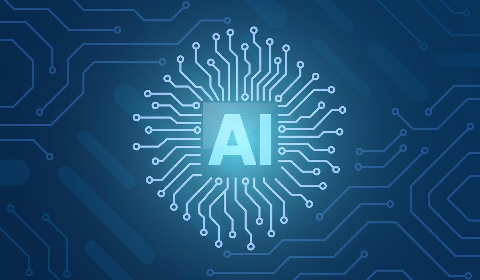 AI processor icon on futuristic circuit board. Graphic for technology and artificial intelligence concepts. Technology background of AI microchip and radial circuit lines. vector