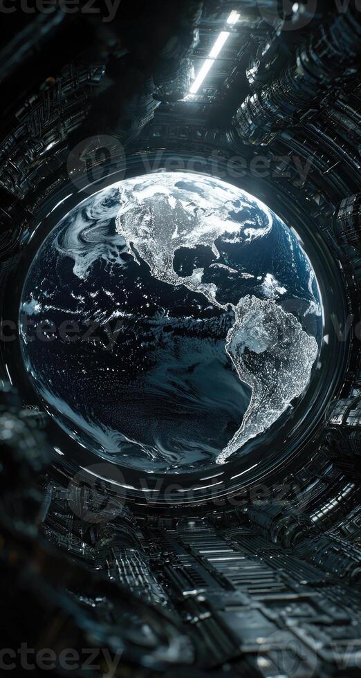 A futuristic spaceship with a view of the earth photo