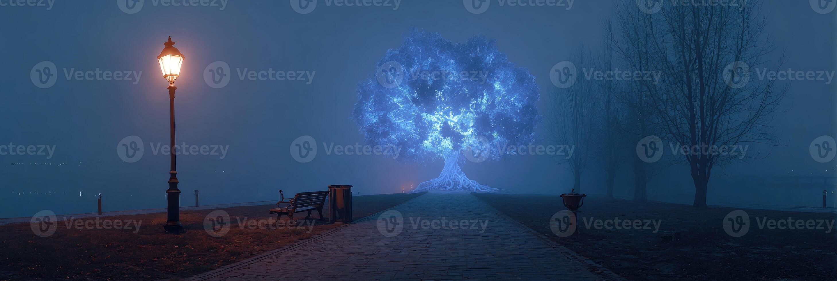 A tree in the fog with a light post photo