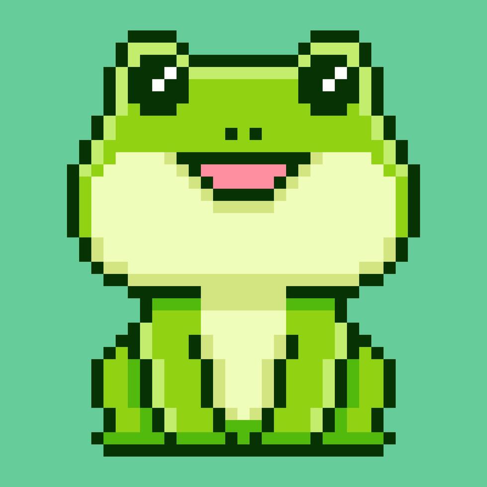 A cheerful pixel art frog with big, bright eyes and a happy smile, designed in a 8-bit retro gaming aesthetic. This charming amphibian sprite is ideal for a fun and quirky mascot vector
