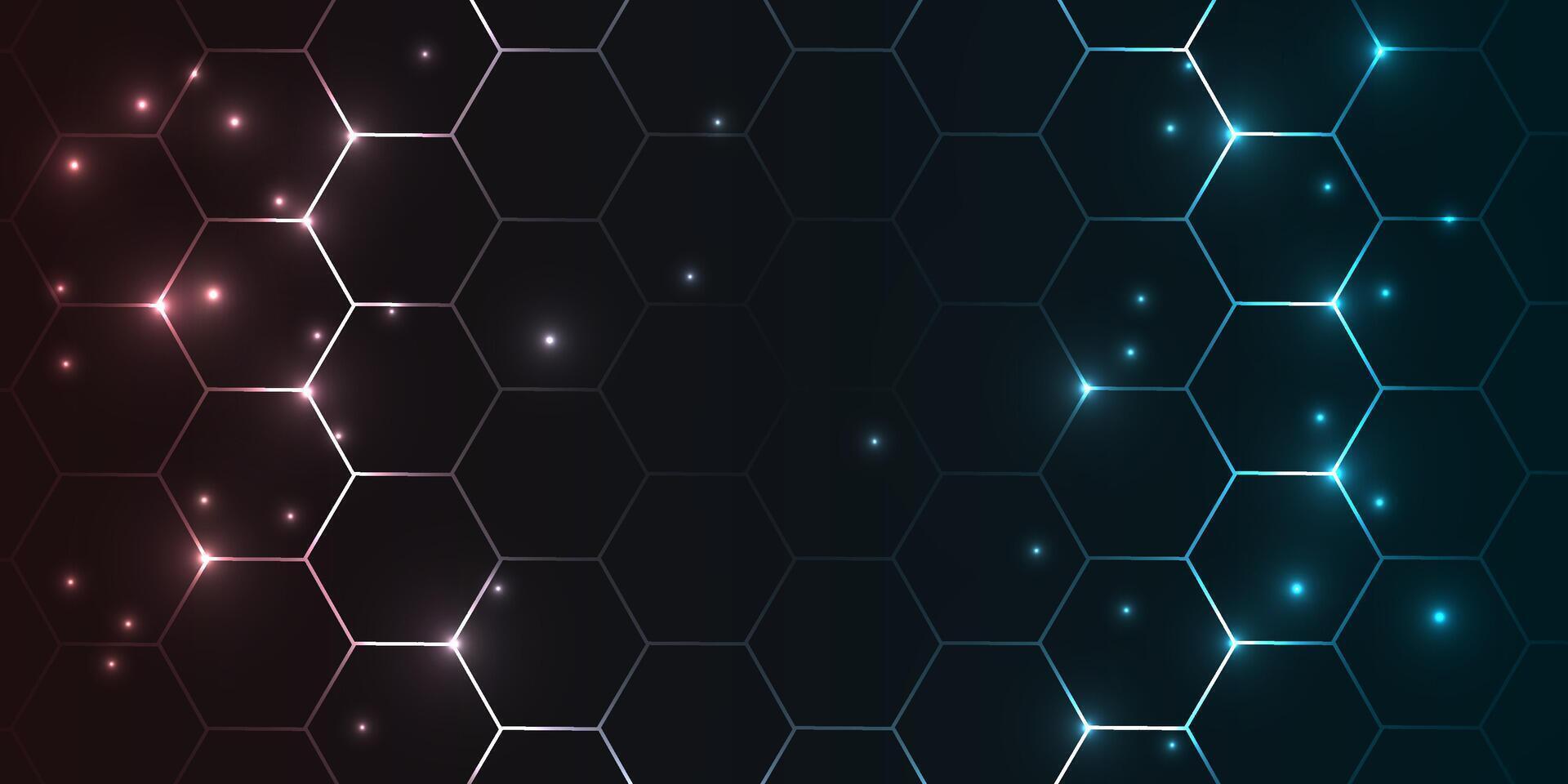 Abstract dark hexagon background with sparkling particles. Realistic abstract bg with honeycomb for bio, medical, science, technology. vector