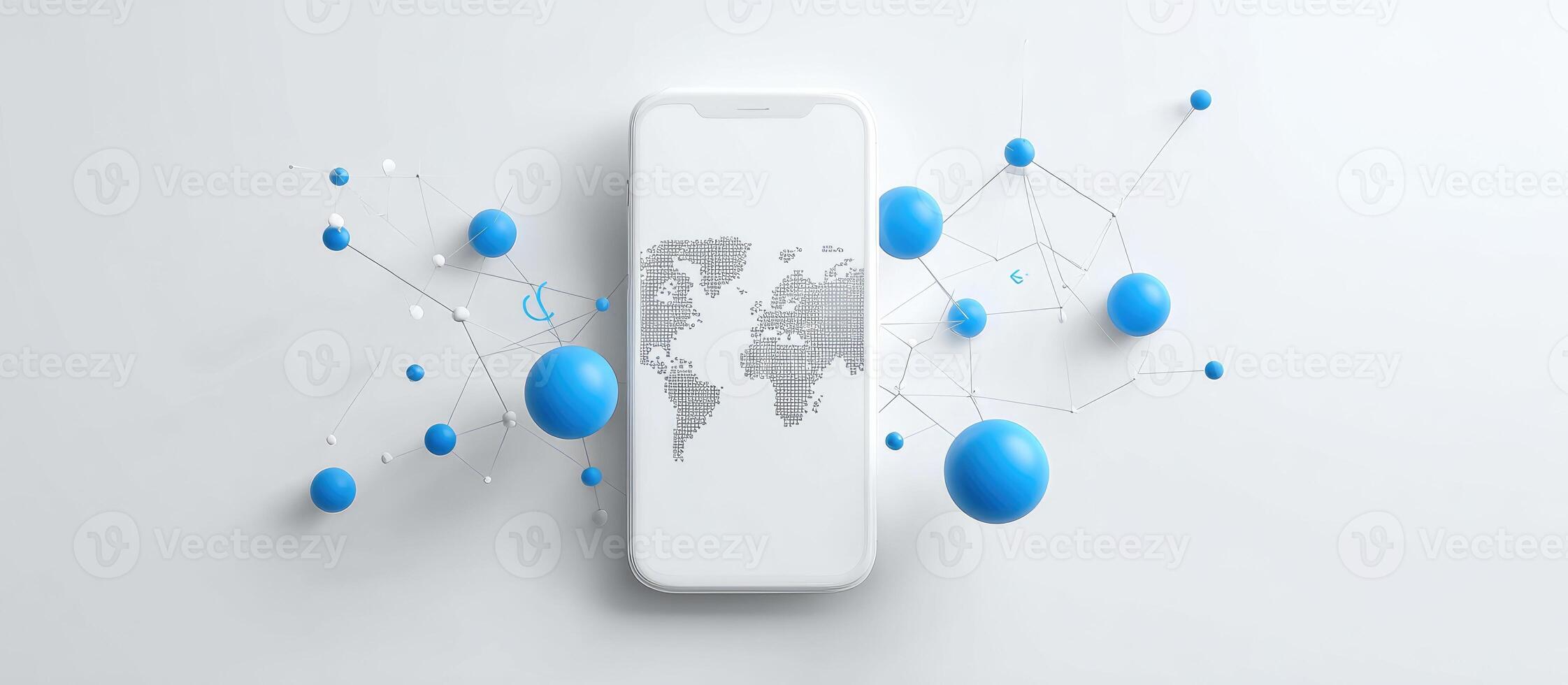 Smartphone with world map and blue dots on white background 3d rendering photo