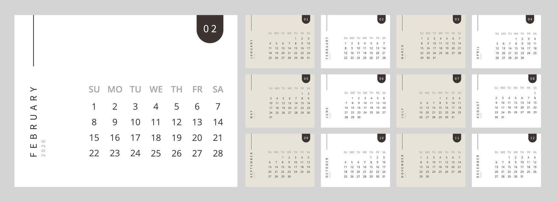 Minimalist Calendar 2026 set of template monthly horizontal pages. Clean and simple planner starting with Sunday. vector