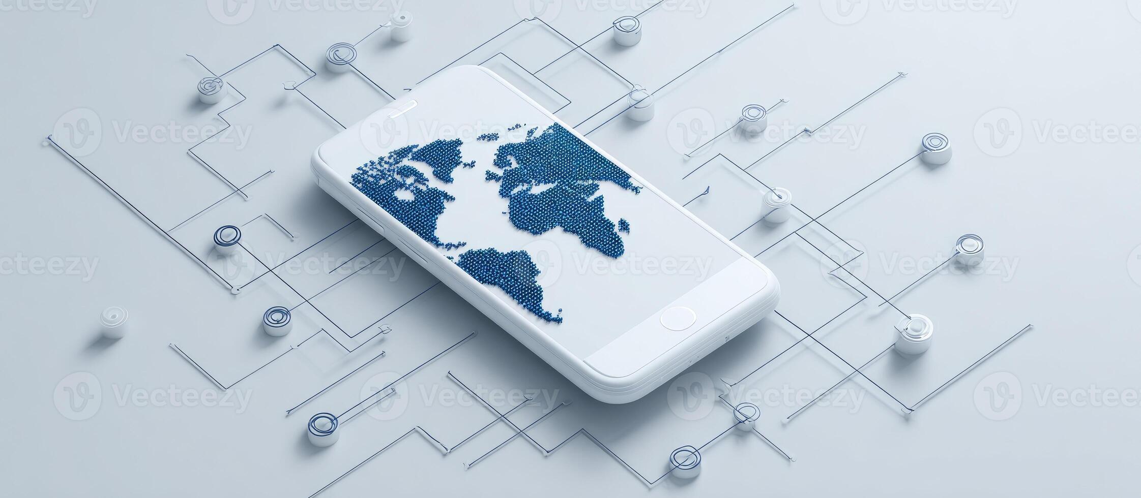 Mobile phone with world map on screen and connected devices on the background 3d rendering photo