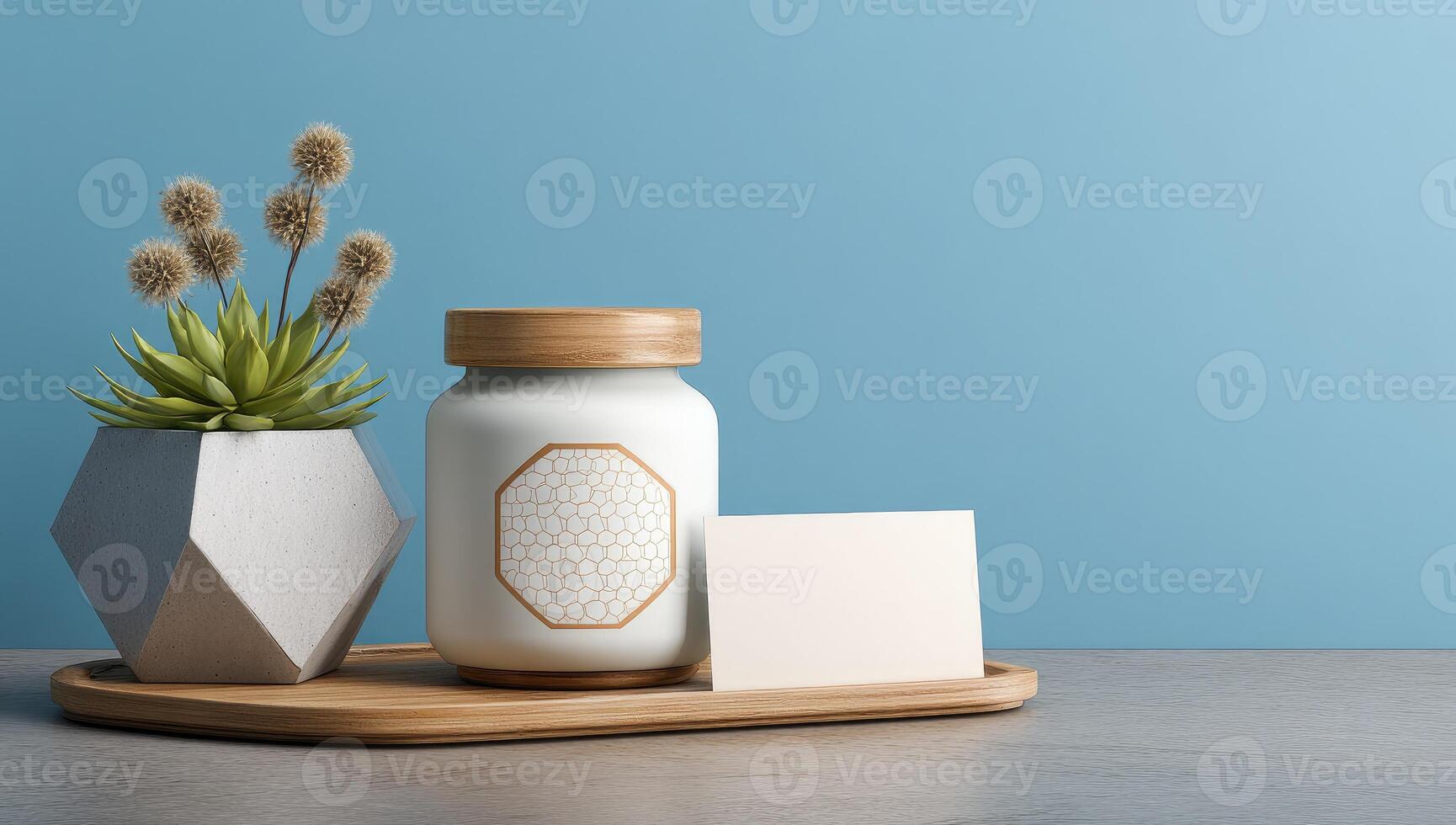 A jar with a plant and a note on a tray on a blue background 3d rendering photo