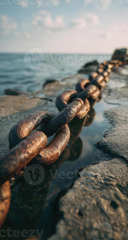 A chain is sitting on the edge of a rock photo