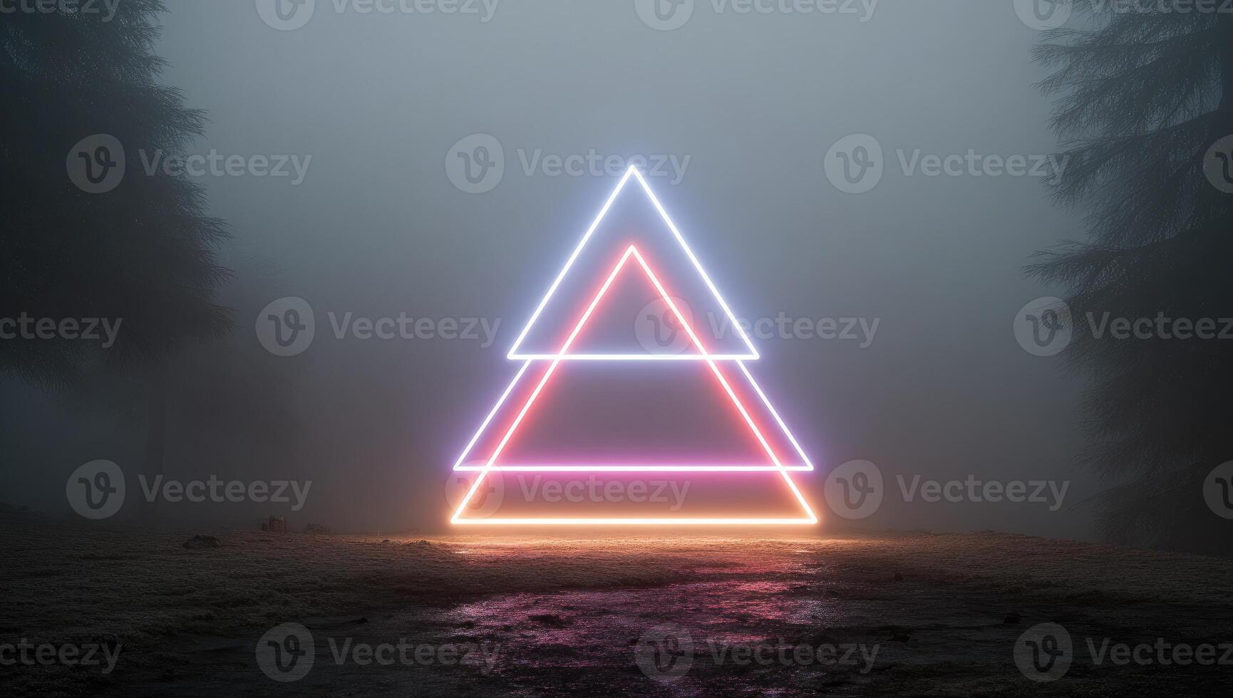 A neon triangle in the fog with trees in the background photo