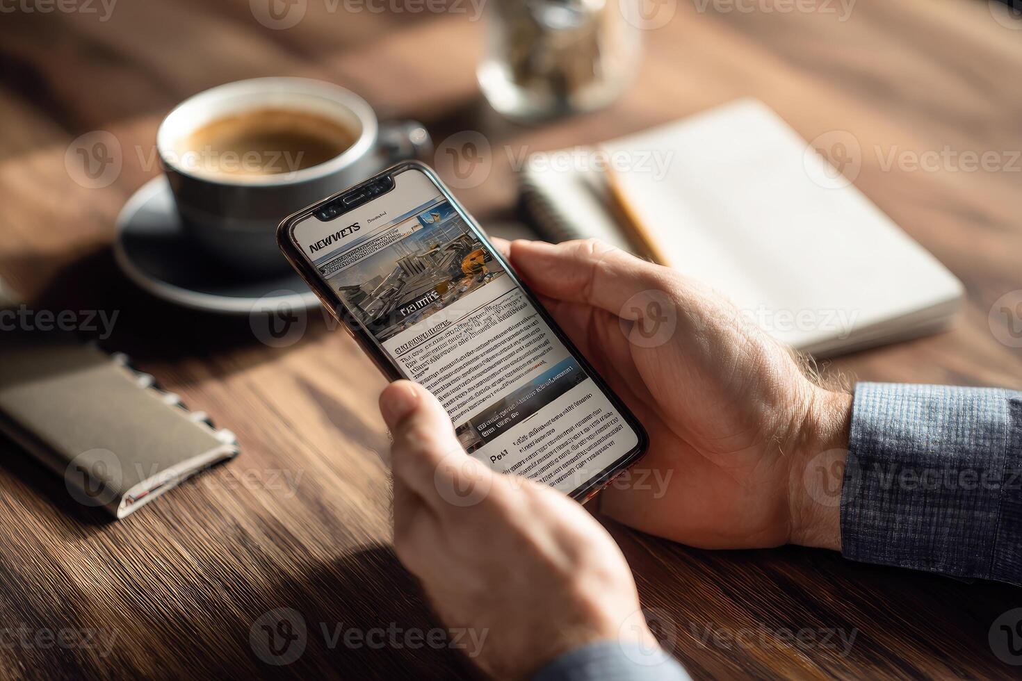 A person using a smartphone to browse news on a desk photo