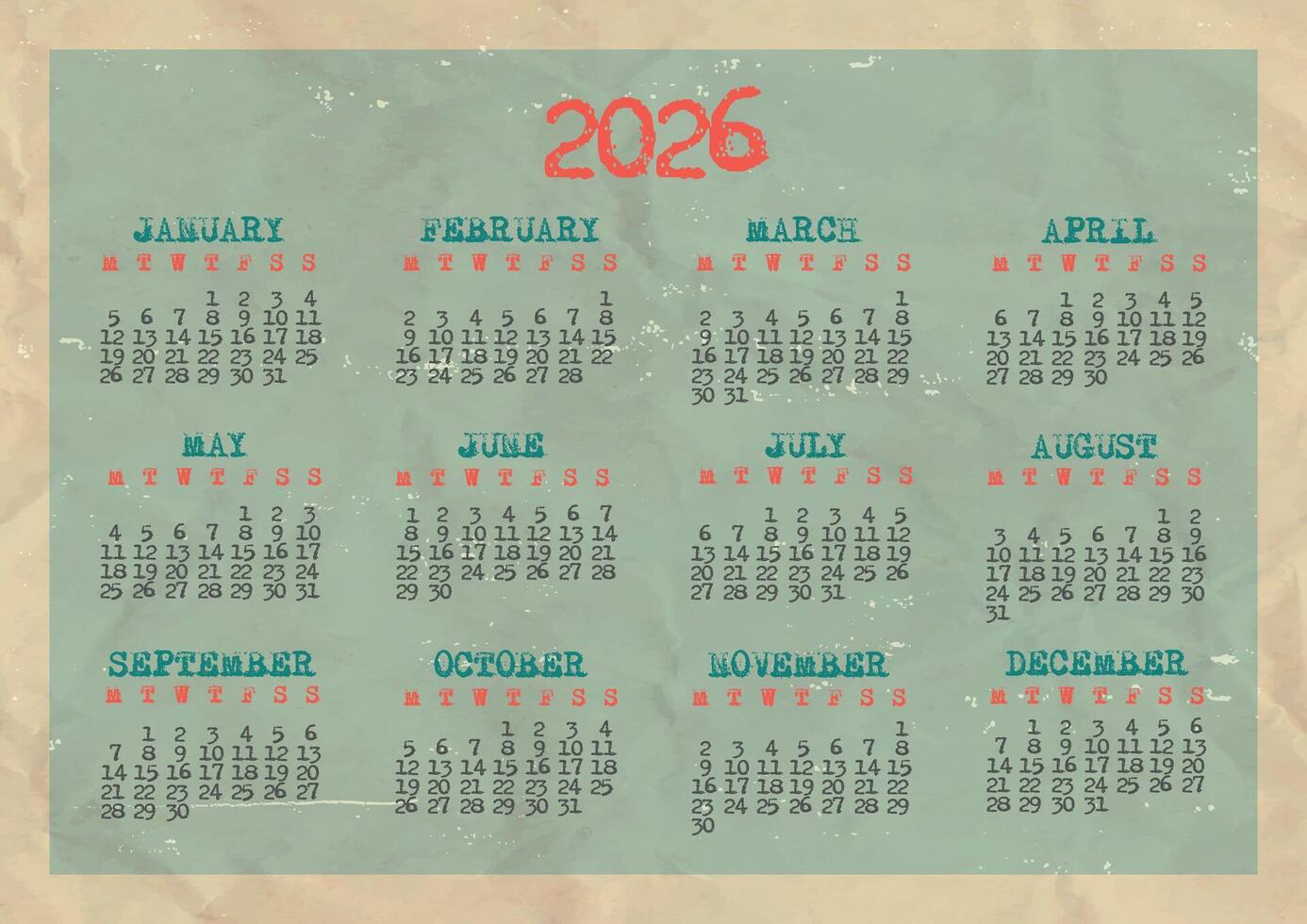 2026 calendar design with abstract typography on retro crumpled paper. Monday - Sunday vector