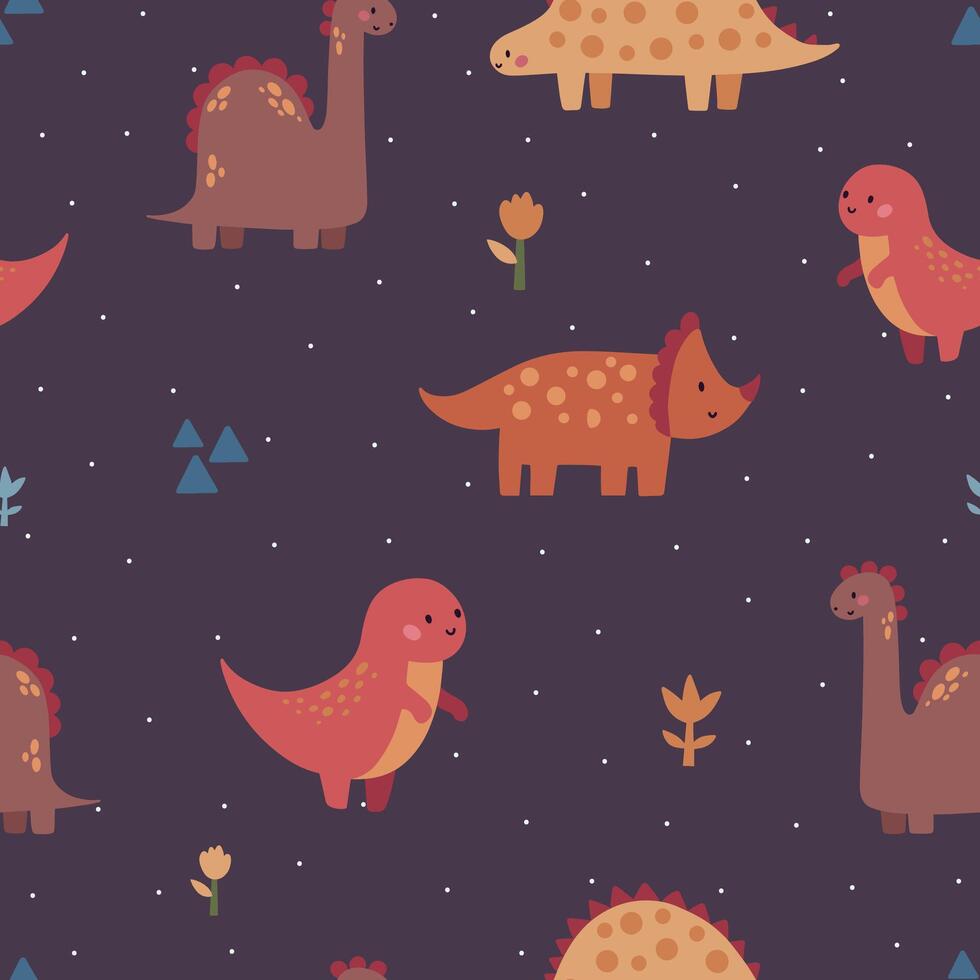 Seamless pattern with different types of funny dinosaurs, cute funny kids background vector