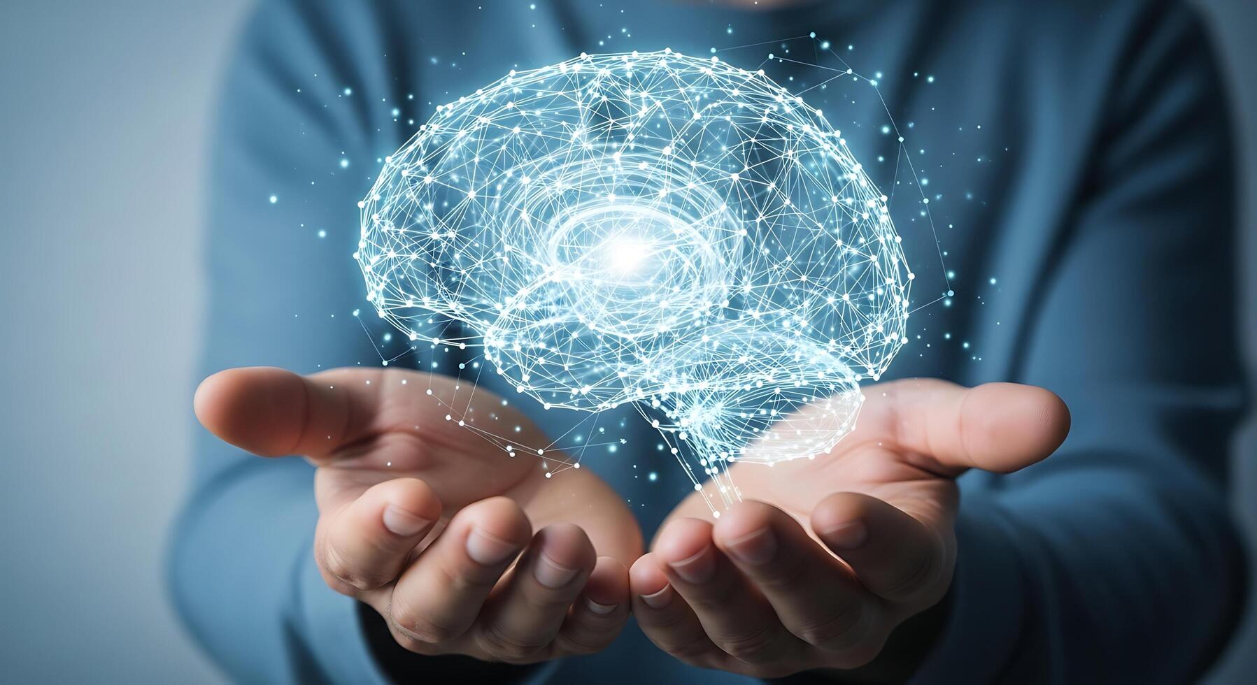 Man Holds Digital Brain Artificial Intelligence and Neural Networks Concept photo